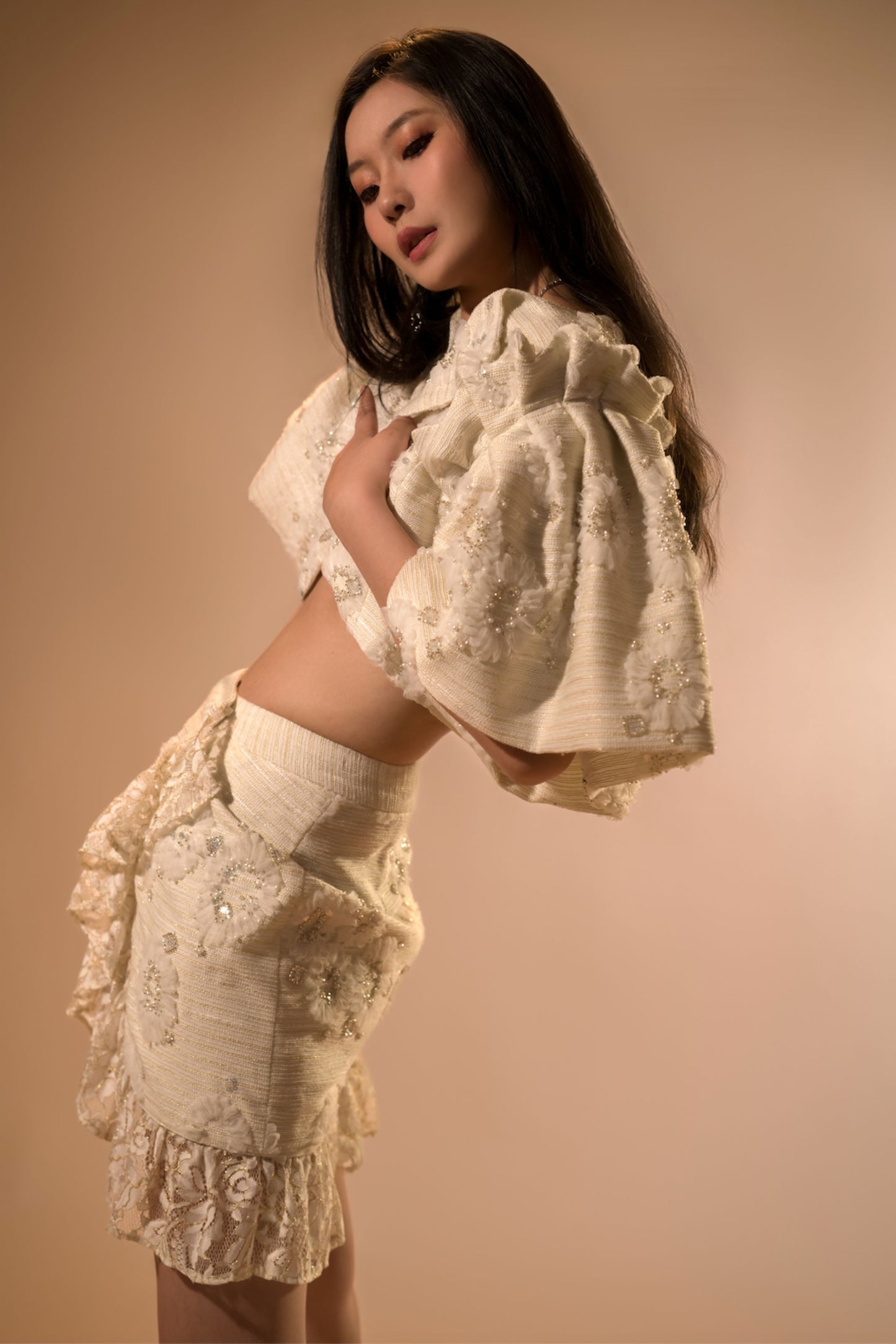 Ivory Embellished Cropped Jacket and Mini Skirt