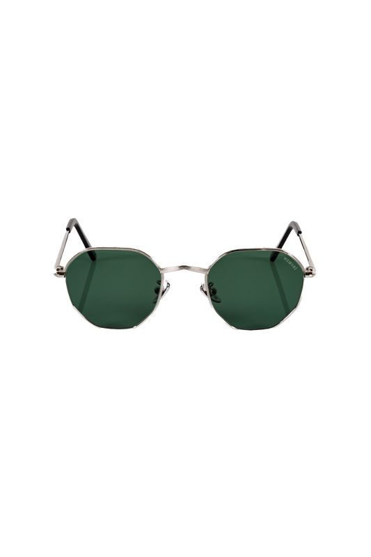 Hexagon Sunglasses in Silver - Green Lenses